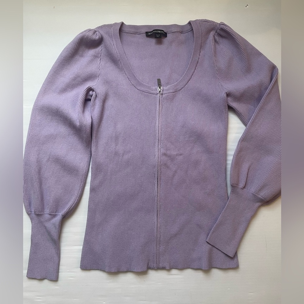 Boston Proper Purple Ribbed Zip-Up Cardigan Sweater Puff Sleeves Size M